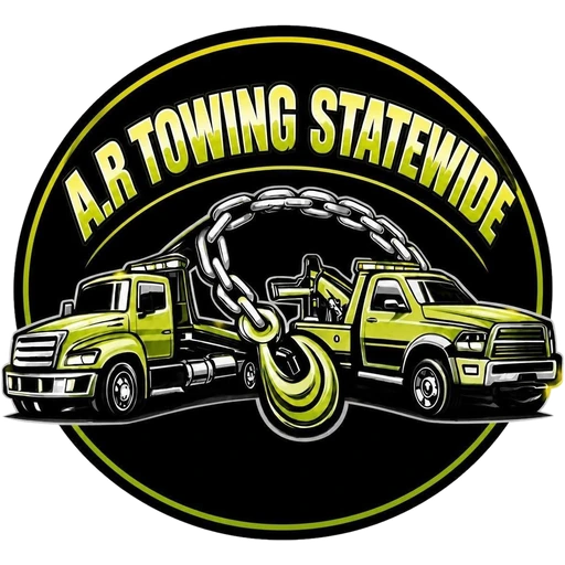 A.R Towing Statewide logo: two lime tow trucks joined by a chain and hook